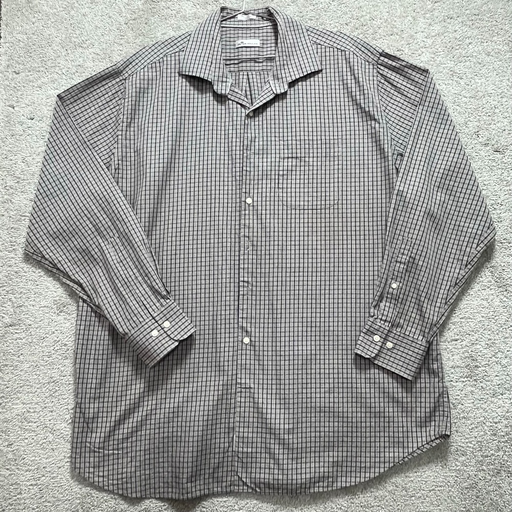 Peter Millar Shirt Men's 2XL Brown  Blue Plaid Print Dress Button Up Long Sleeve